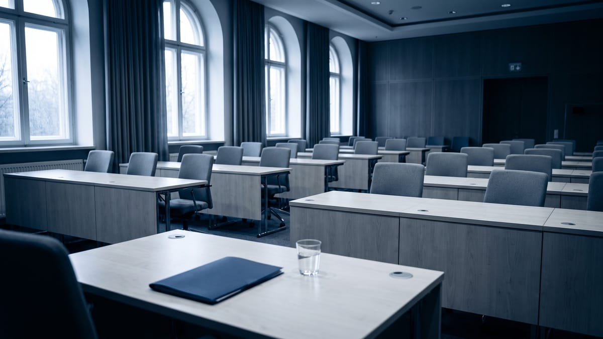 Sala riunioni istituzionale vuota con banchi in legno chiaro e luce fredda dalle finestre