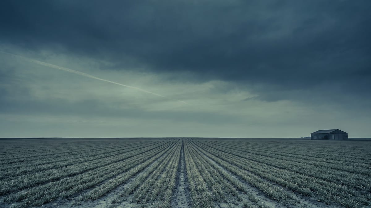Campo coltivato a file regolari sotto un cielo coperto, un casale in lontananza