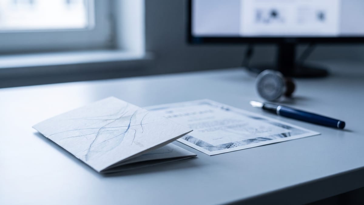 Fascicolo di polizza e certificato stampato su una scrivania grigia con penna stilografica
