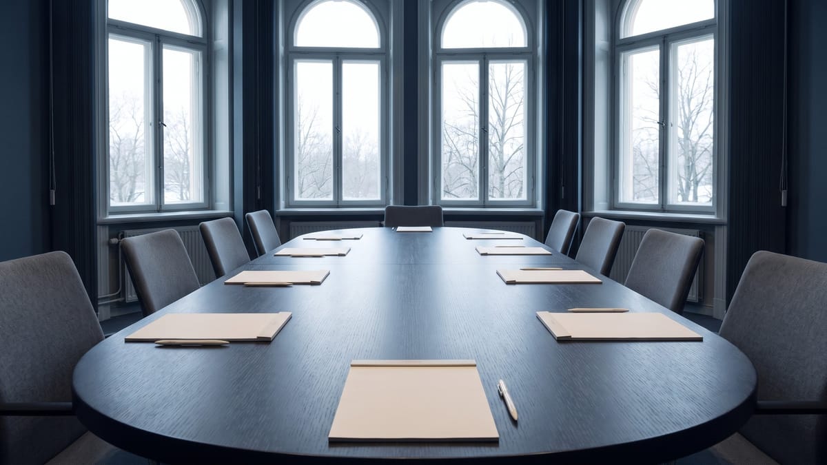 Sala consultazioni vuota con tavolo ovale, sedie grigie e blocchi per appunti