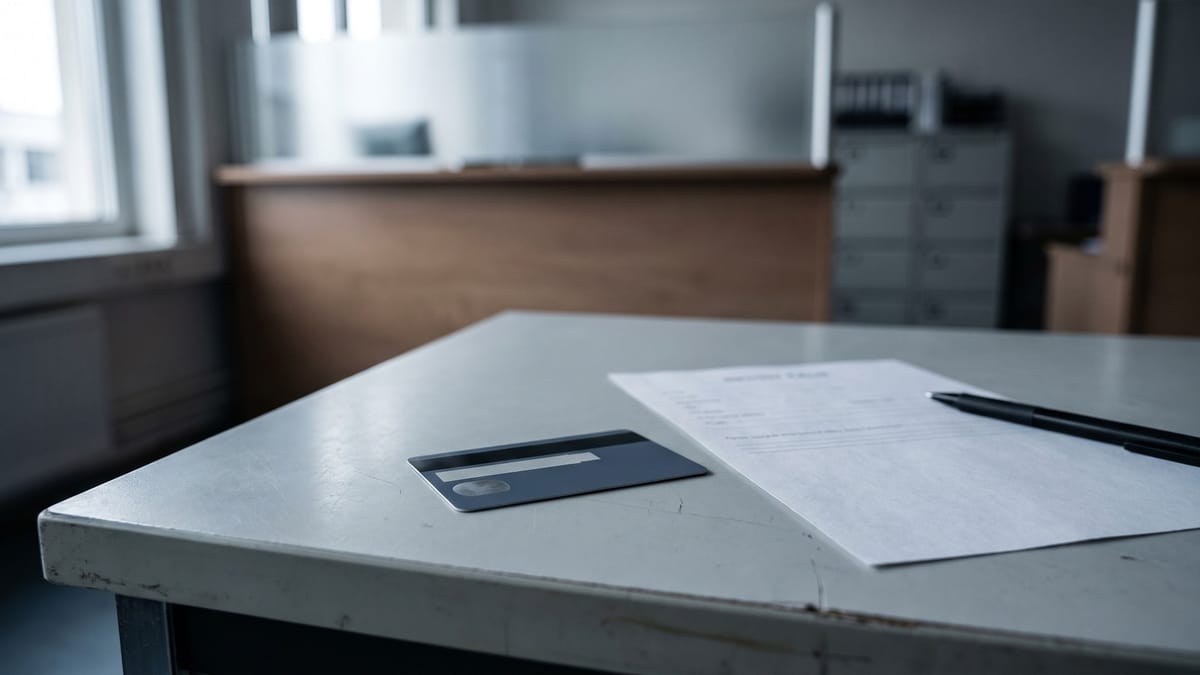 Documento capovolto accanto a un modulo e una penna su una scrivania grigia