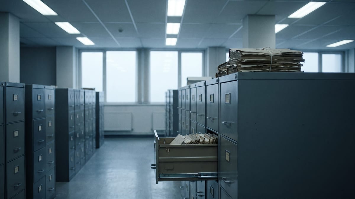 Archivio con schedari metallici grigi e un cassetto socchiuso